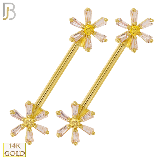 14-NP29 – 14K Solid Gold Flower Design with Zircon Externally Threaded Nipple Ring (Pair) image 2