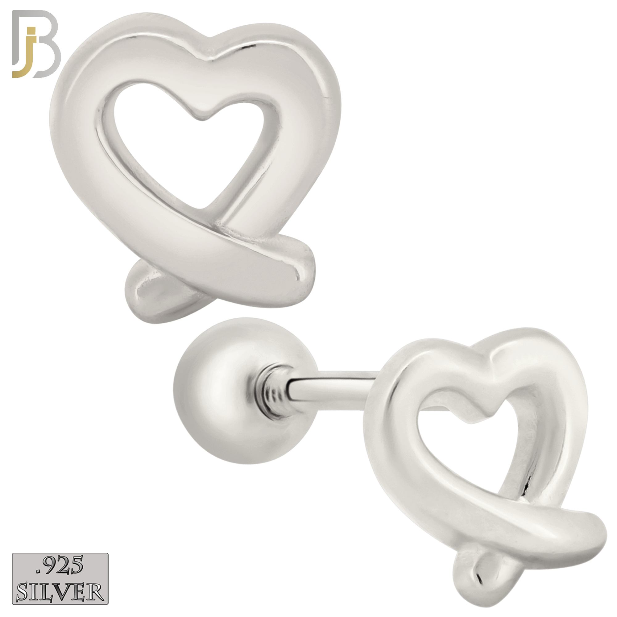 925-ES433 - Screw Ball Back - .925 Sterling Silver Plain Hollow Overlapping Ends Heart Earrings Stud image 0