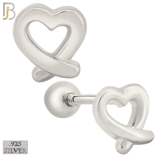 925-ES433 - Screw Ball Back - .925 Sterling Silver Plain Hollow Overlapping Ends Heart Earrings Stud image 0