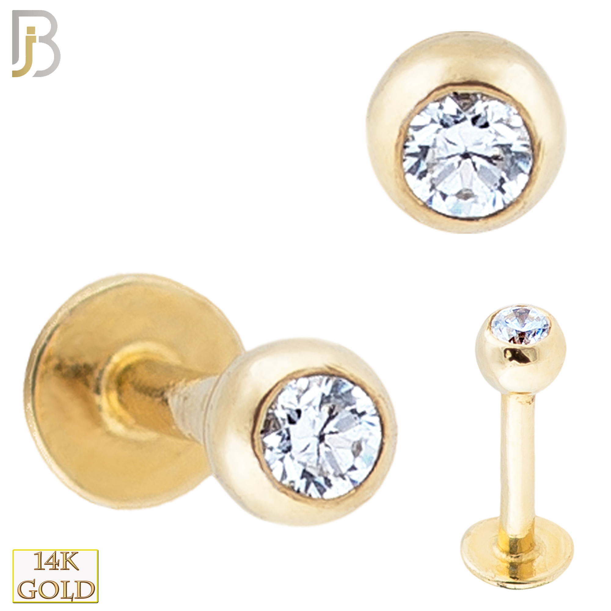 14-LB06 - 14k Solid Gold Plain Labret Externally Theaded Ball with CZ image 0
