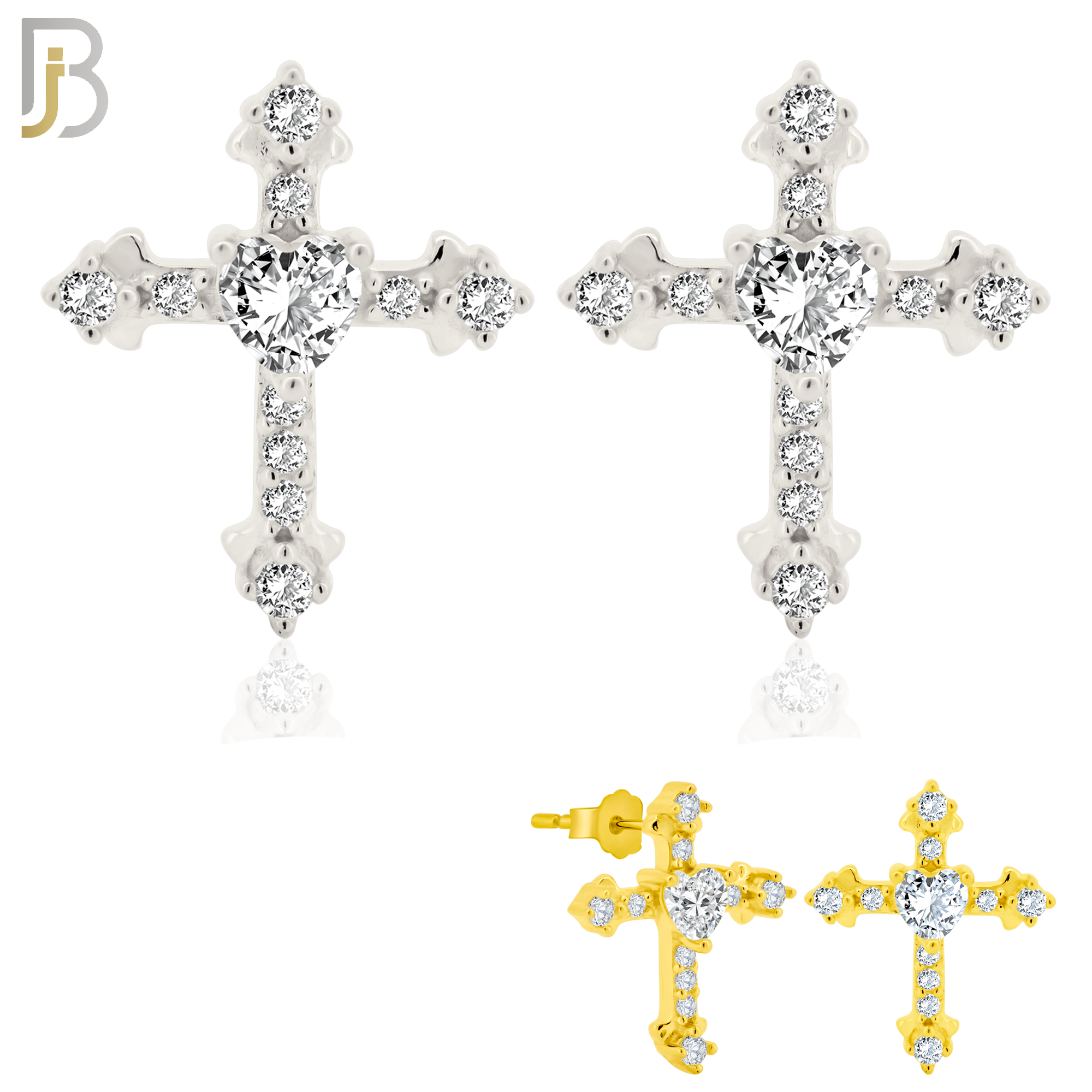 925-ES269 - Push Back - .925 Sterling Silver Cross with Prong Set Heart Zircon in the Middle Design Earrings Stud image 0