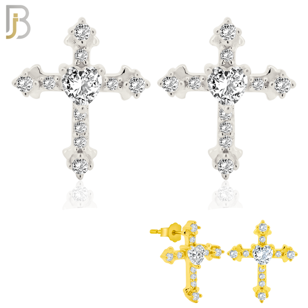 925-ES269 - Push Back - .925 Sterling Silver Cross with Prong Set Heart Zircon in the Middle Design Earrings Stud image 0