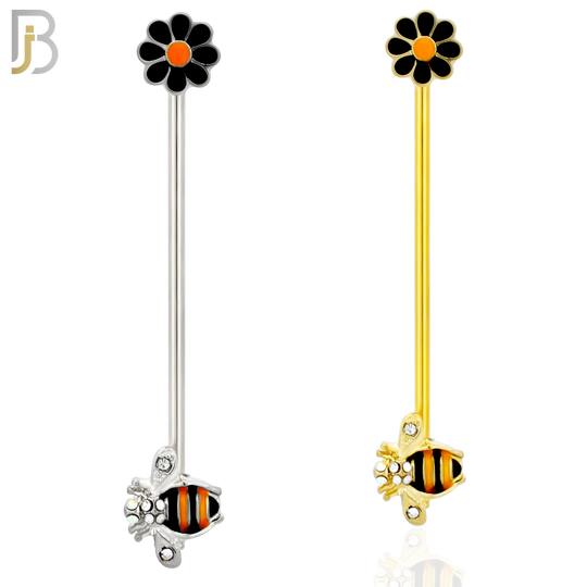 BB21 - 316L Surgical Steel Screw Bar Bee with Flower Design with Zircon Barbell Industrial (PACK OF 4) image 0