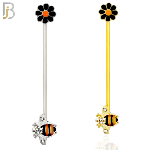 BB21 - 316L Surgical Steel Screw Bar Bee with Flower Design with Zircon Barbell Industrial (PACK OF 4) image 0
