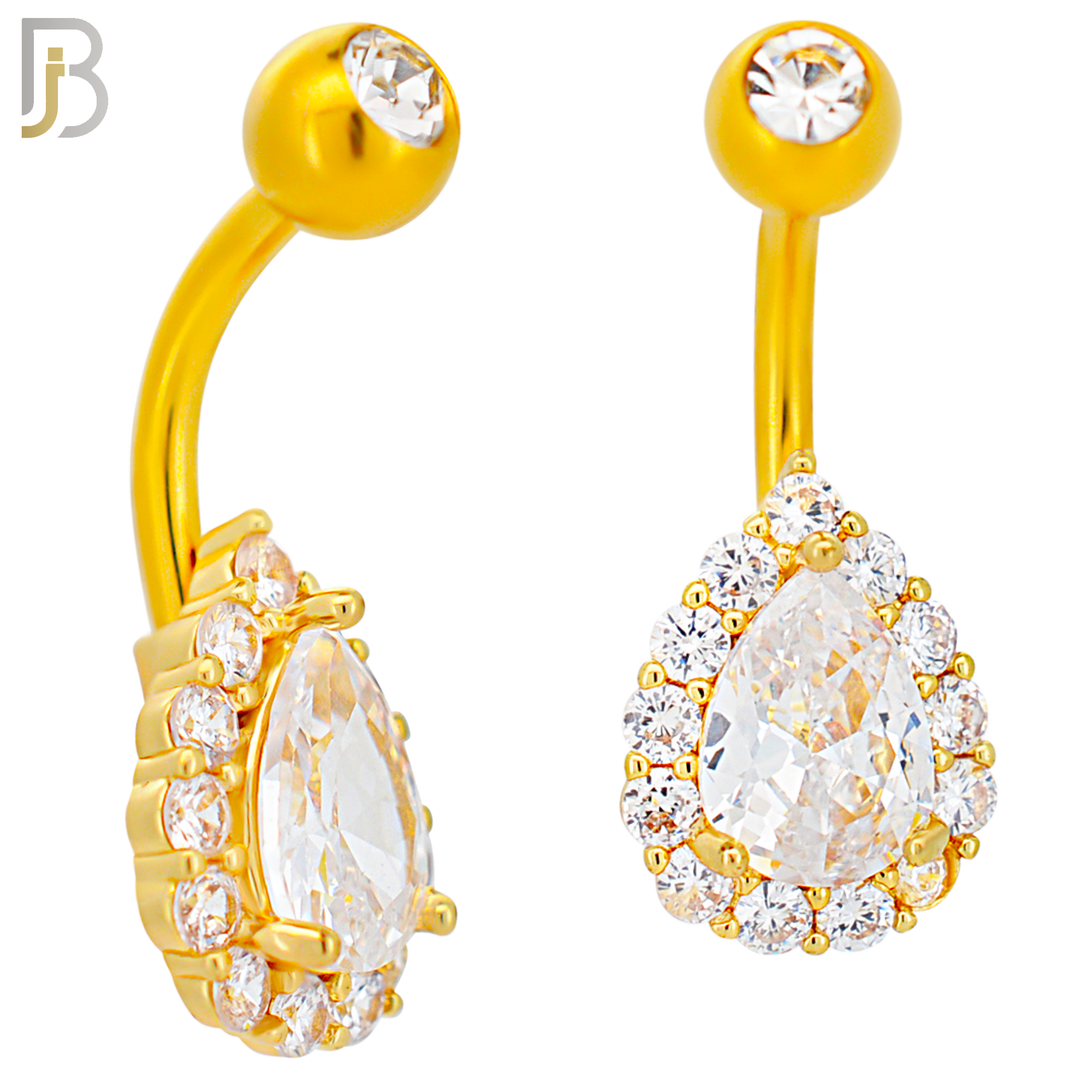 NB74 - 316L Stainless Steel Banana Belly Ring with Pear Shaped Cubic Zirconia with Halo image 2