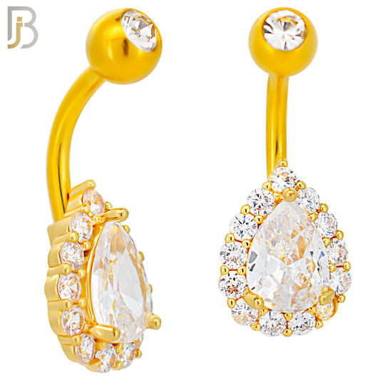 NB74 - 316L Stainless Steel Banana Belly Ring with Pear Shaped Cubic Zirconia with Halo image 2