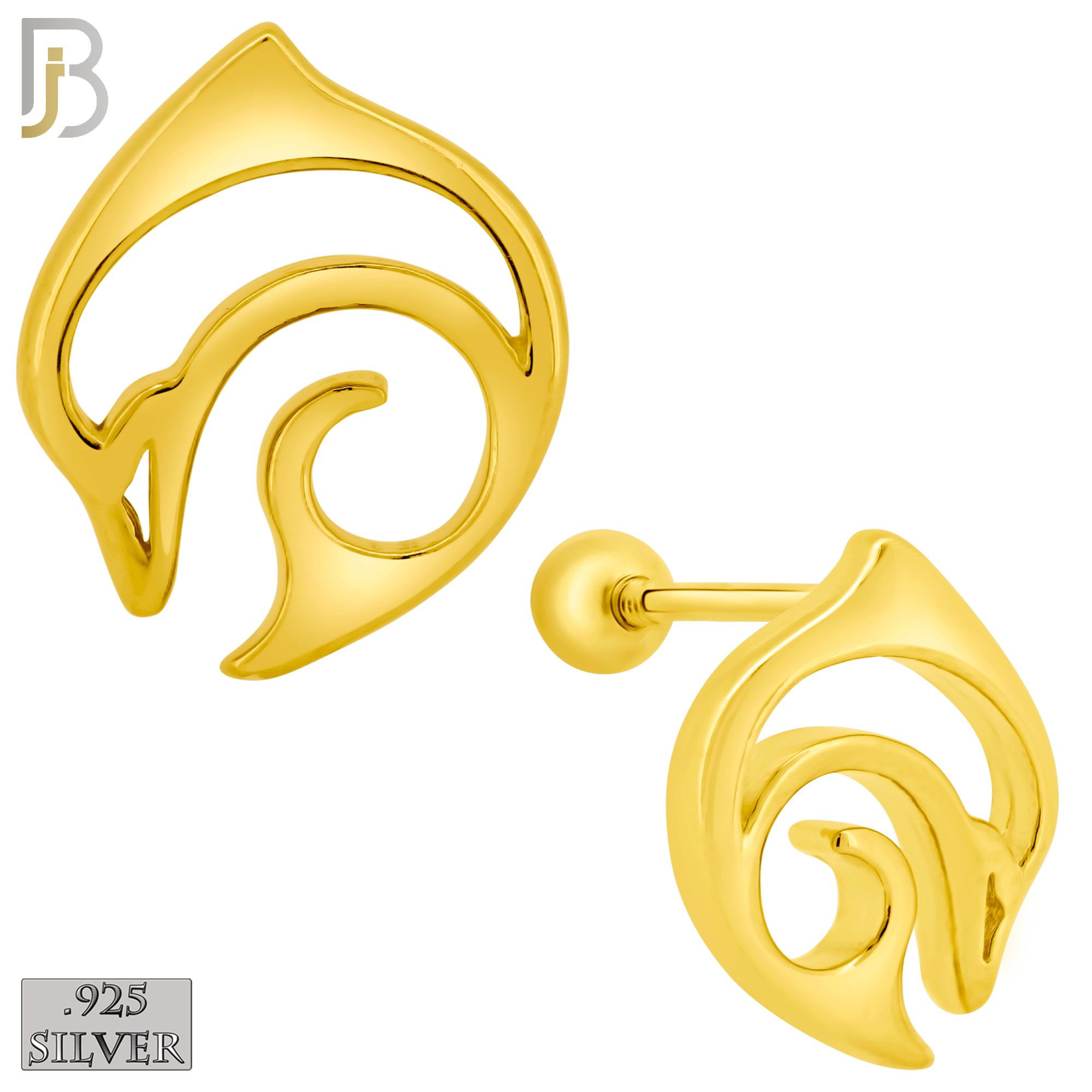 925-ES413 - Screw Ball Back - 925 Sterling Silver Plain Hollow Dolphin Curl Stud Earrings image 1