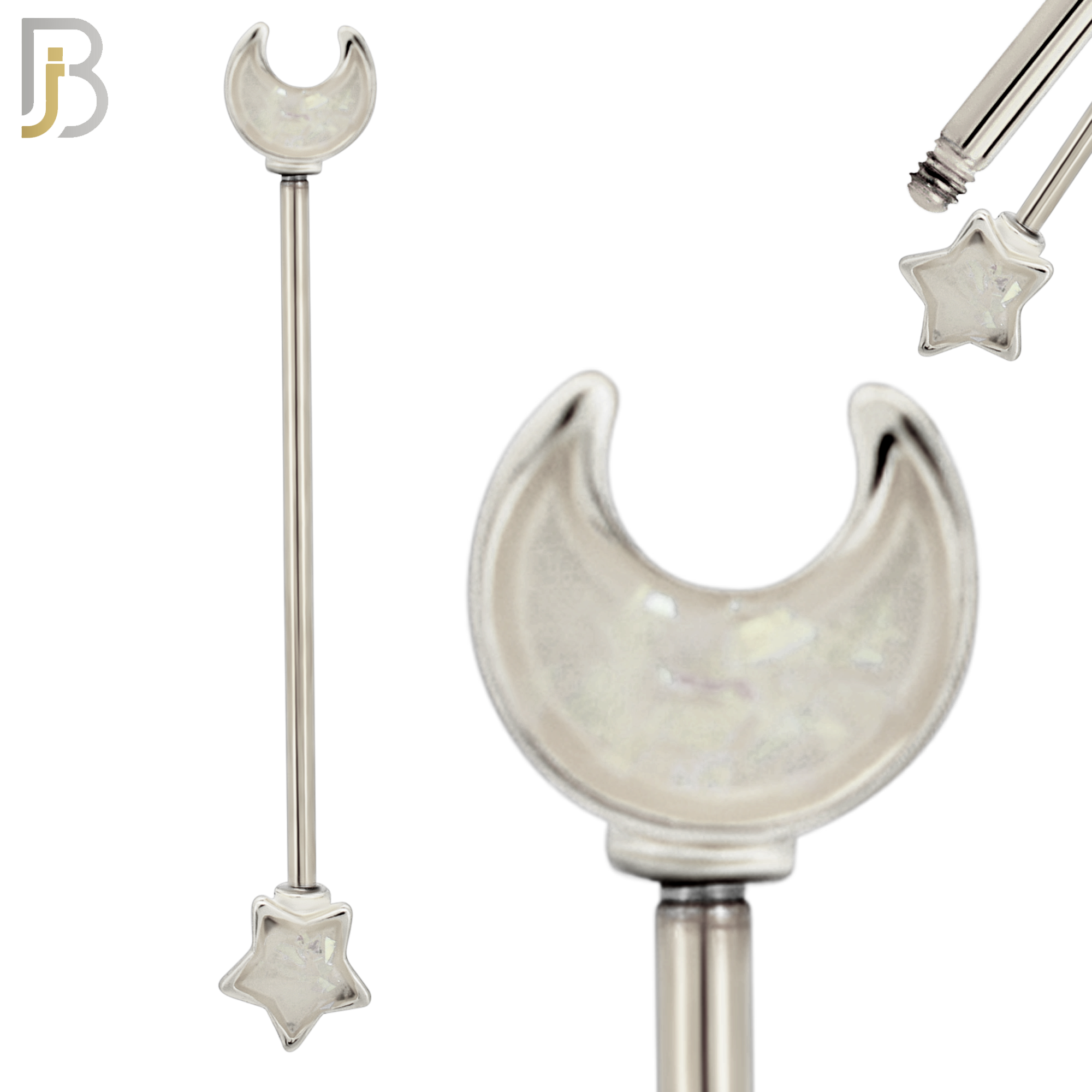 BB42 - 316L Surgical Steel Star and Moon Opalite Design Externally Threaded Industrial Barbell (PACK OF 4) image 1