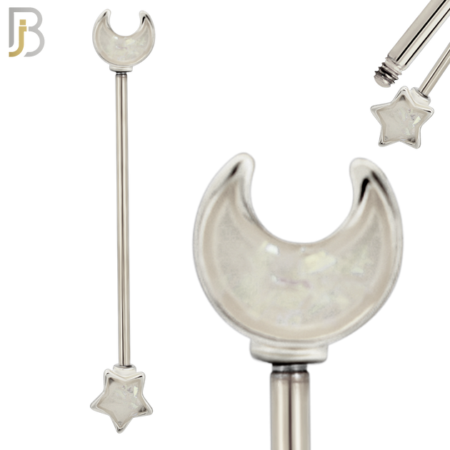 BB42 - 316L Surgical Steel Star and Moon Opalite Design Externally Threaded Industrial Barbell (PACK OF 4) image 1