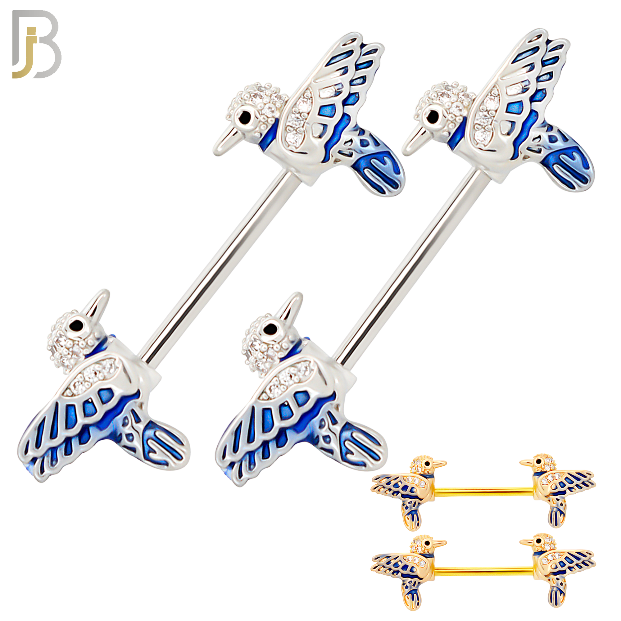 NP56 - 316L Surgical Steel Blue Bird Design Nipple Rings Pair Externally Threaded image 0