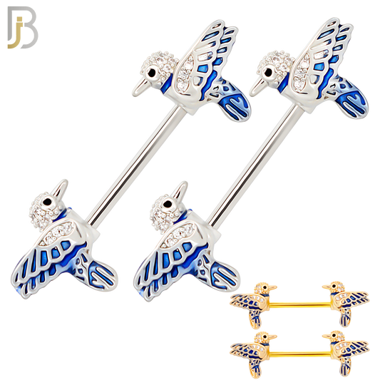 NP56 - 316L Surgical Steel Blue Bird Design Nipple Rings Pair Externally Threaded image 0