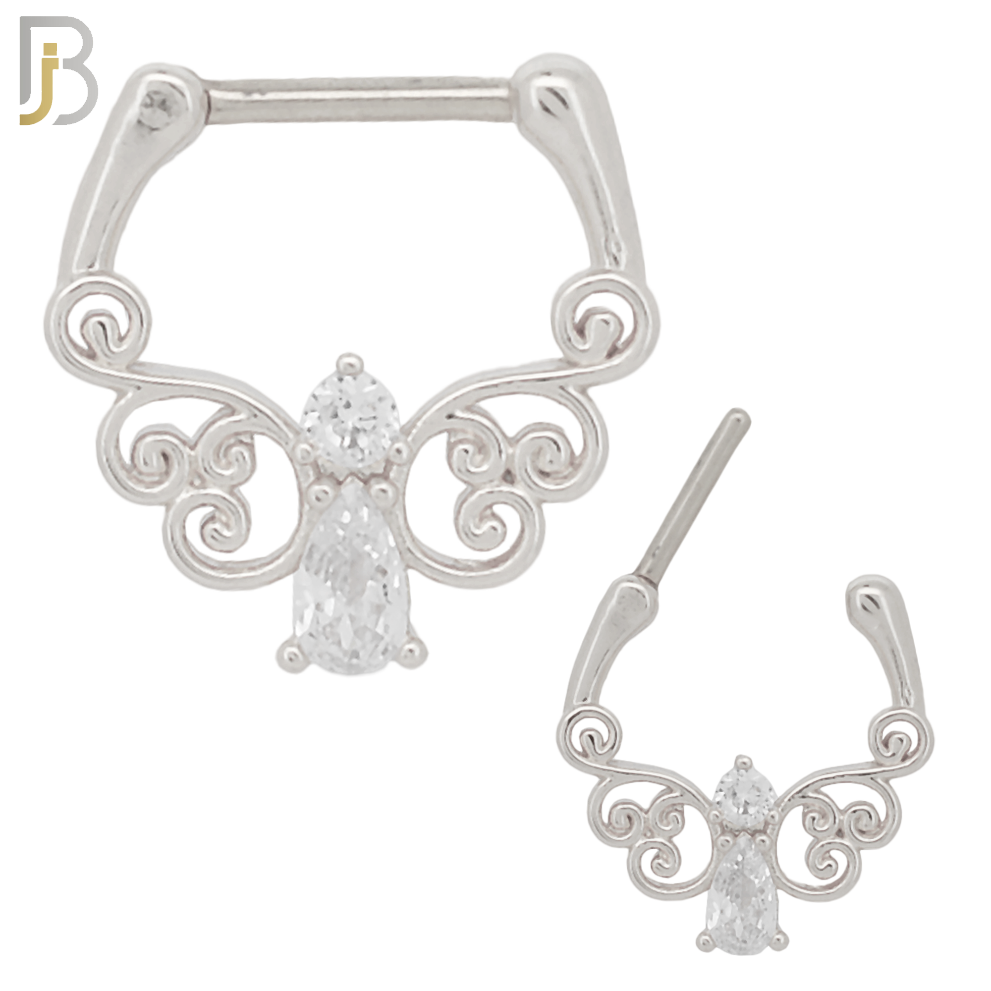CT75 - 316 Surgical Steel Pear and Round Zircon Nose Clicker for Septum Piercing (PACK OF 6) image 0