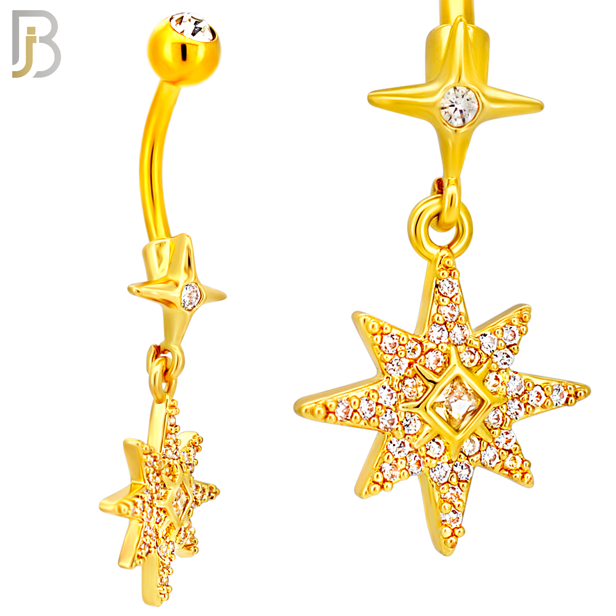 N0147 - 316L Surgical Steel Dangling CZ Studded Starburst Belly Ring - Gold Plated image