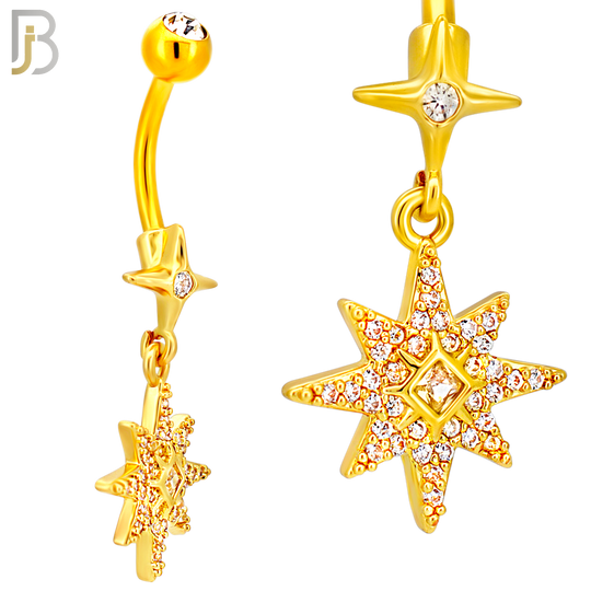 N0147 - 316L Surgical Steel Dangling CZ Studded Starburst Belly Ring - Gold Plated image