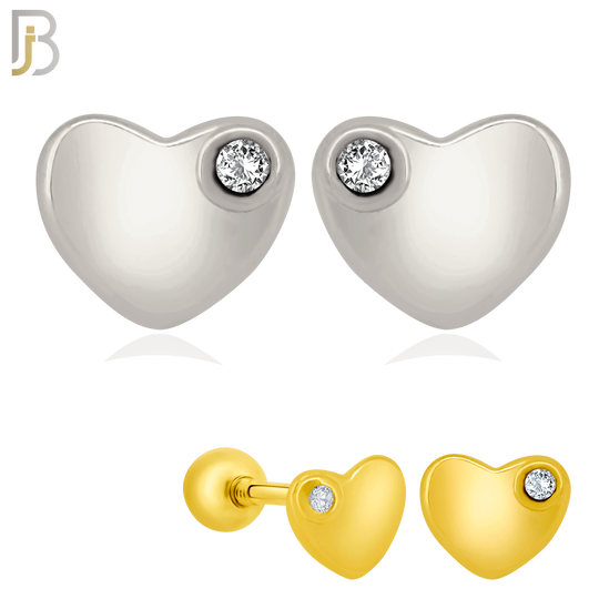 925-ES211 - Screw Ball Back - .925 Sterling Silver Plain Heart Shaped Earring Stud with Single Clear Zircon image 0