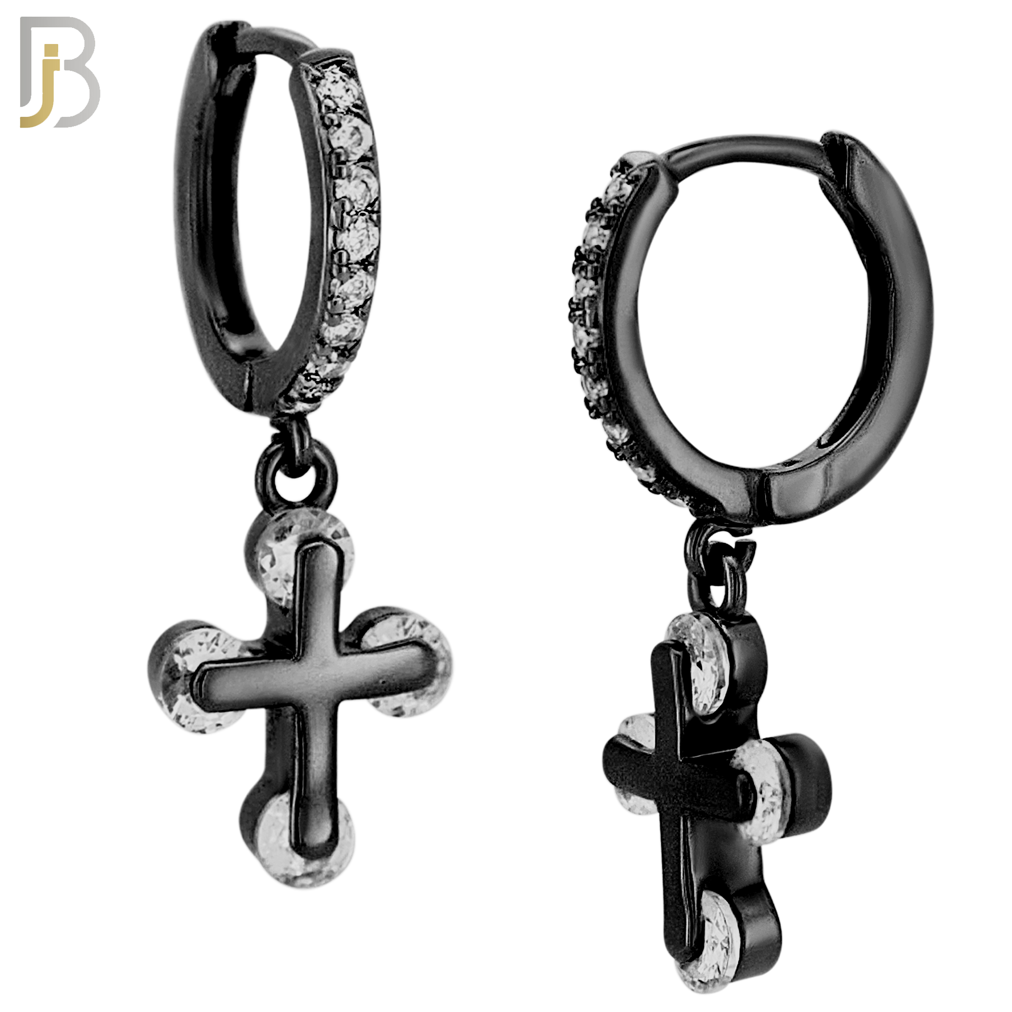 ES104 - 316L Stainless Steel Dangling Cross with Zircon Huggies Clip On image 2