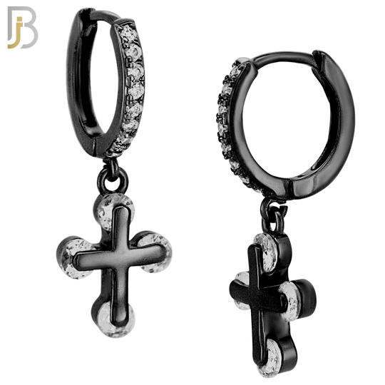 ES104 - 316L Stainless Steel Dangling Cross with Zircon Huggies Clip On image 2