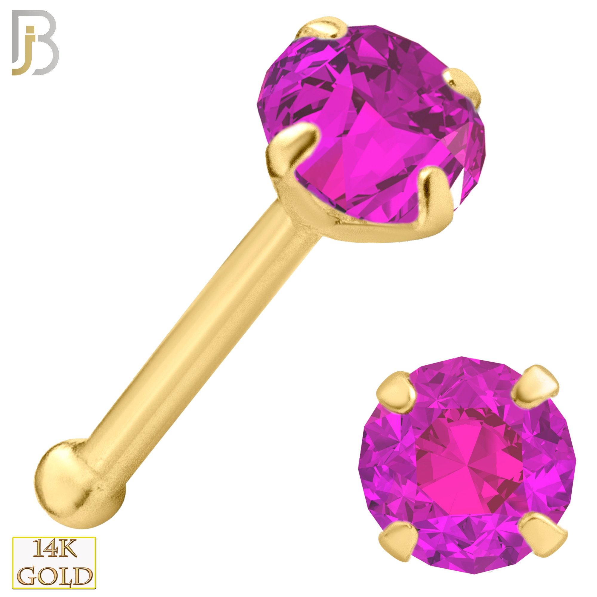 14-NR01CYP - 20g 14k Yellow Gold Nose Bone with Pink Colored CZ - 3mm image