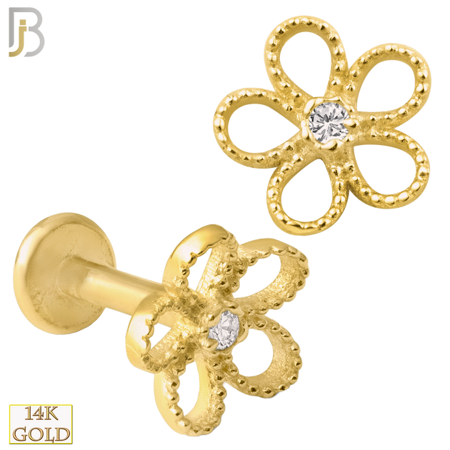14-LB26 - 14k Yellow Gold Hollow Five Petal Flower with Zircon Labret - Yellow Gold image