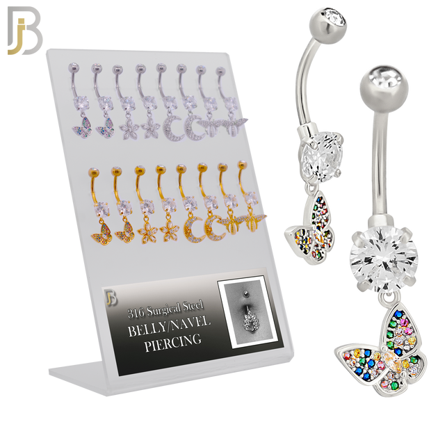 PK-N008 - 316L Surgical Steel Different Designs Dangle Belly Rings - Pack of 16 image 0