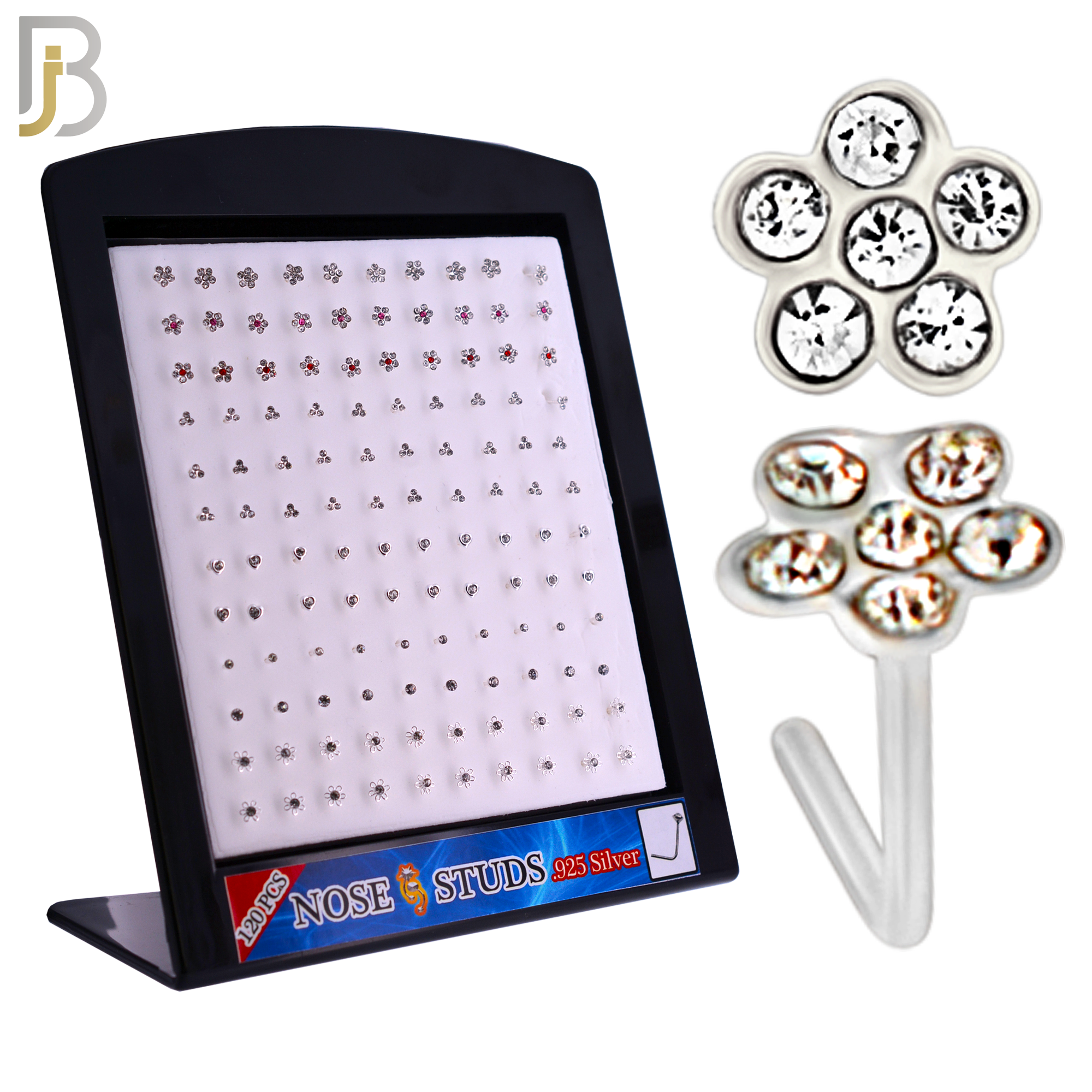 925-PK-NR08LS - 120 pcs, 925 Sterling Silver Nose Studs L Shape, 22g Thickness, Assorted Shape Design Tops Packages image 0