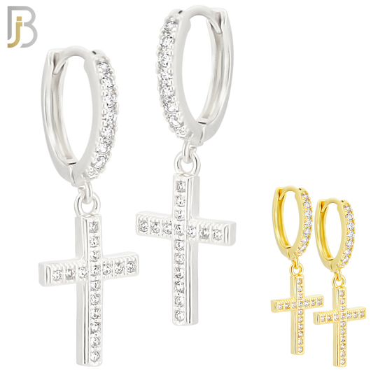 ES136 - 316L Stainless Steel Dangling Cross with Zircon Design Huggies Clip On image 0