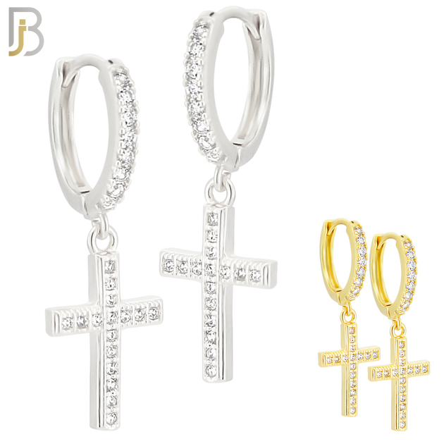 ES136 - 316L Stainless Steel Dangling Cross with Zircon Design Huggies Clip On image 0