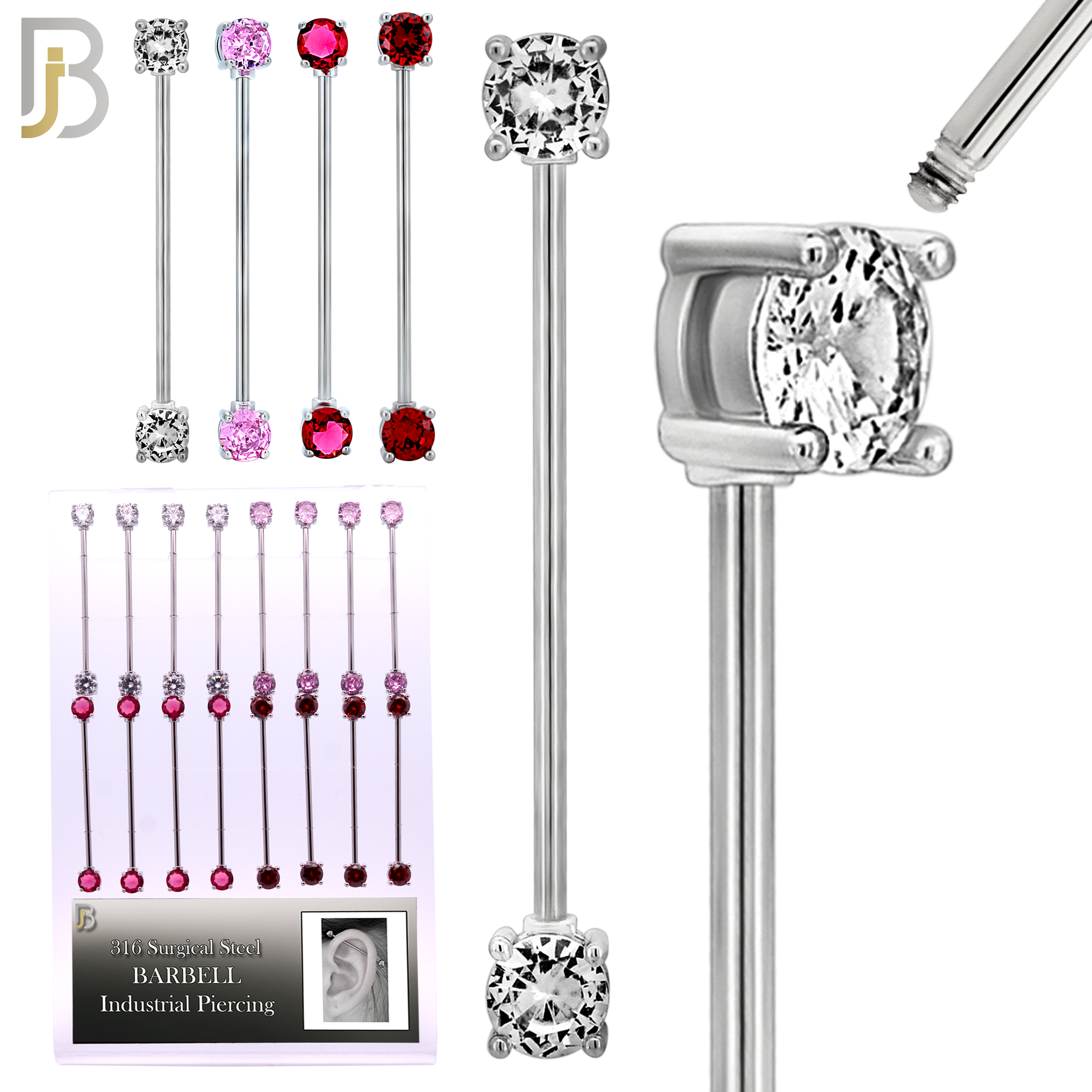 PK-BB37SM - 14g - 38mm - 6mm CZ - 316L Surgical Steel Industrial Barbell with CZ in Prong Setting External Threaded Pack of 16 - Assorted Color image