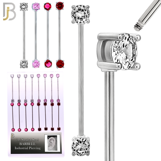 PK-BB37SM - 14g - 38mm - 6mm CZ - 316L Surgical Steel Industrial Barbell with CZ in Prong Setting External Threaded Pack of 16 - Assorted Color image