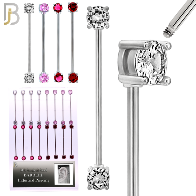 PK-BB37SM - 14g - 38mm - 6mm CZ - 316L Surgical Steel Industrial Barbell with CZ in Prong Setting External Threaded Pack of 16 - Assorted Color image