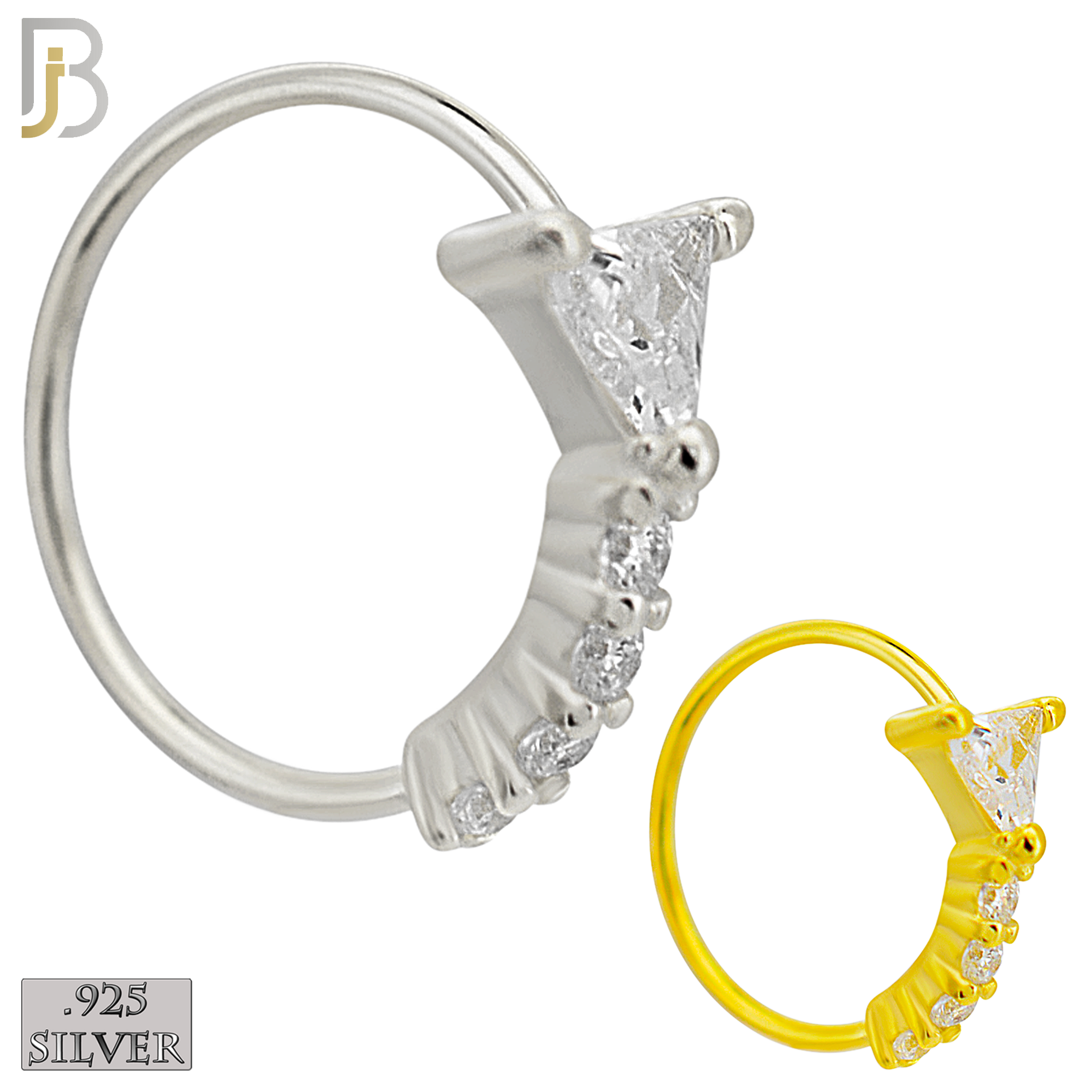 925-CT116 -  925 Sterling Silver Triangle Shaped CZ in Prong Set with 5 CZ Line Nose Hoops (Pack of 6) image 0