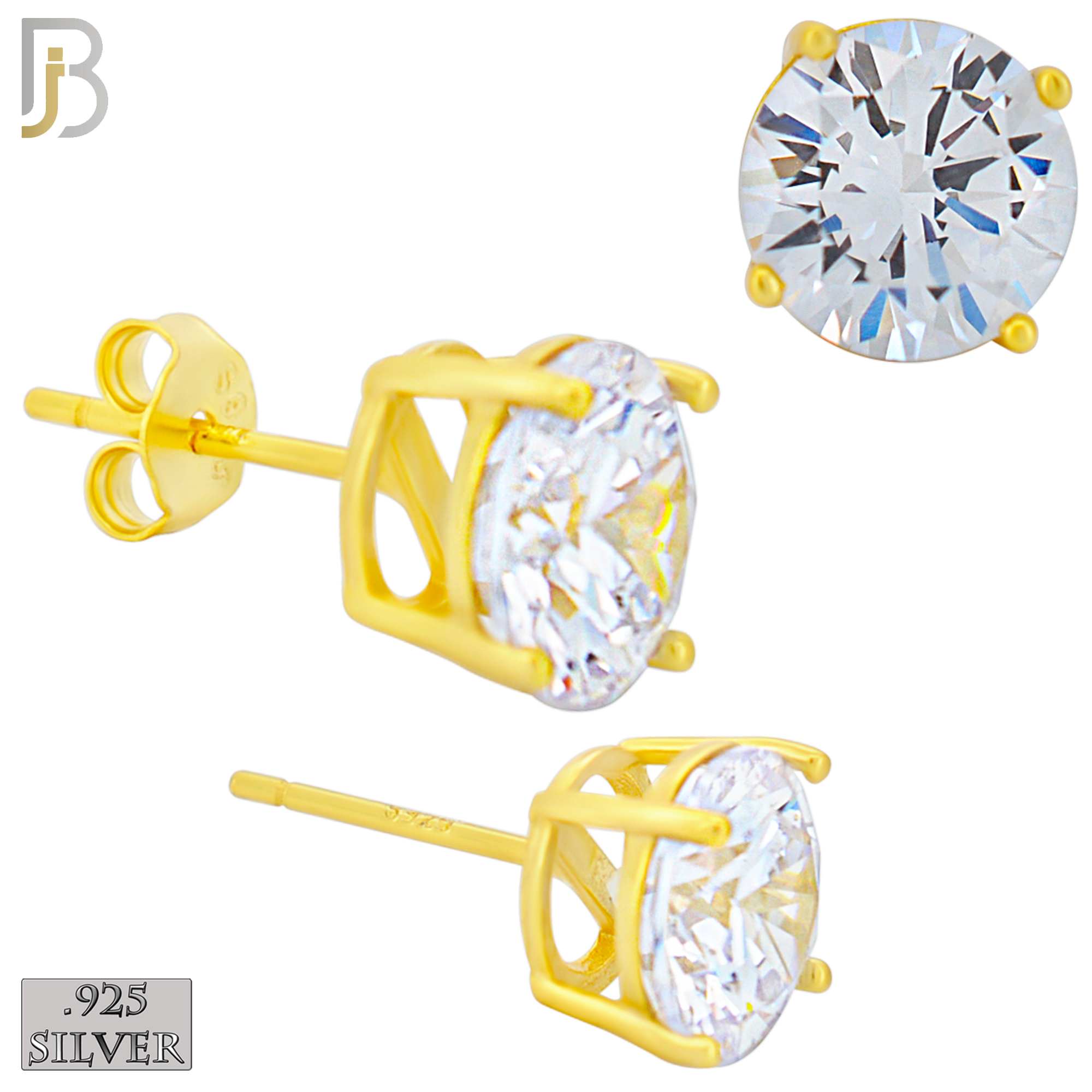 925-ES71-GC - .925 Sterling Silver Gold Plated Earring Stud Casting Round Prong Setting Clear Zircon - 8mm image