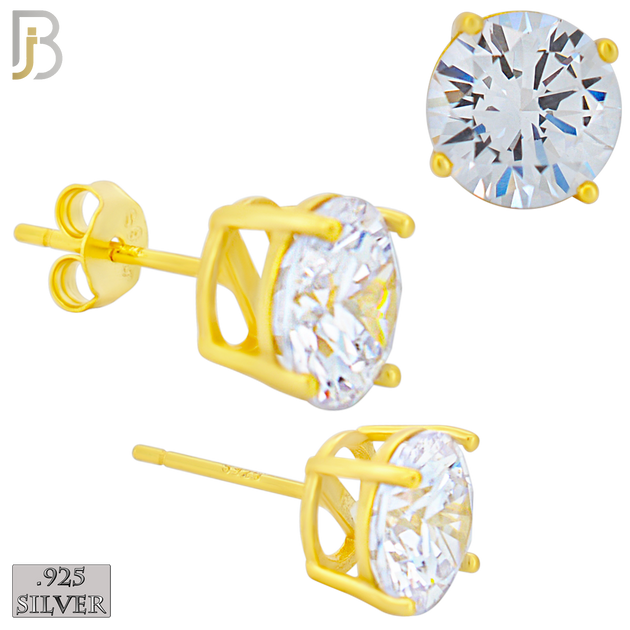 925-ES71-GC - .925 Sterling Silver Gold Plated Earring Stud Casting Round Prong Setting Clear Zircon - 8mm image