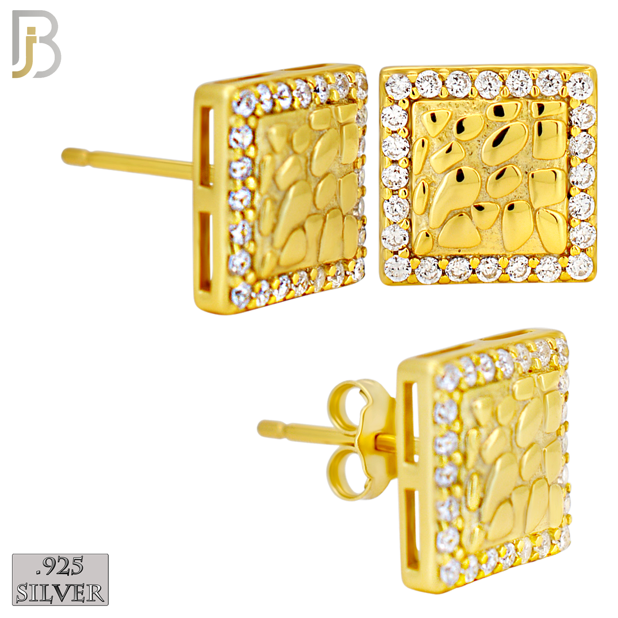 925-ES517 - 925 Sterling Silver Square with CZ Halo Nugget Push Back Earrings - 10mm image