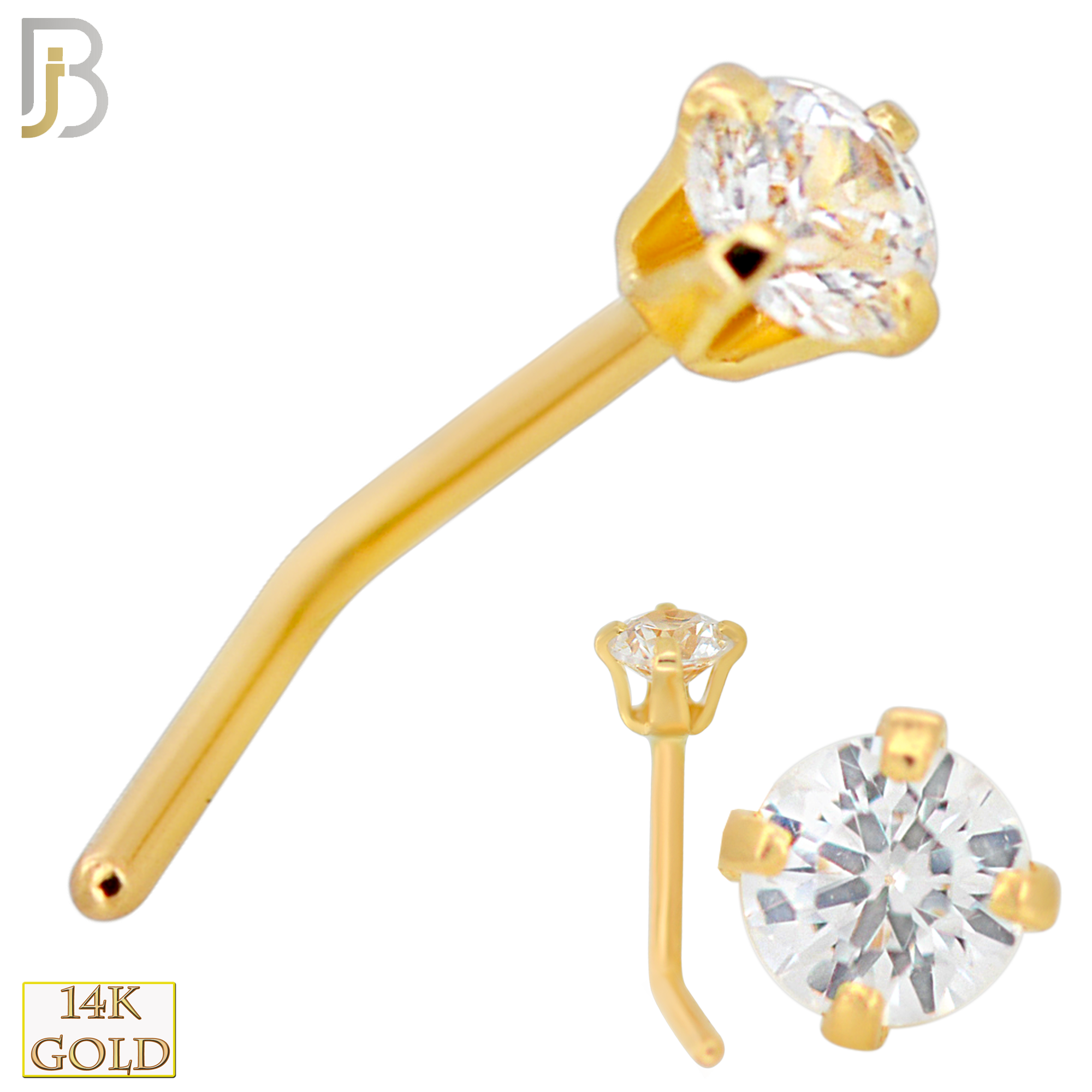 14-NR102L - 14k Yellow Gold L-Shaped Nose Ring with Round Cubic Zirconia in Stamping Prong Setting image 0