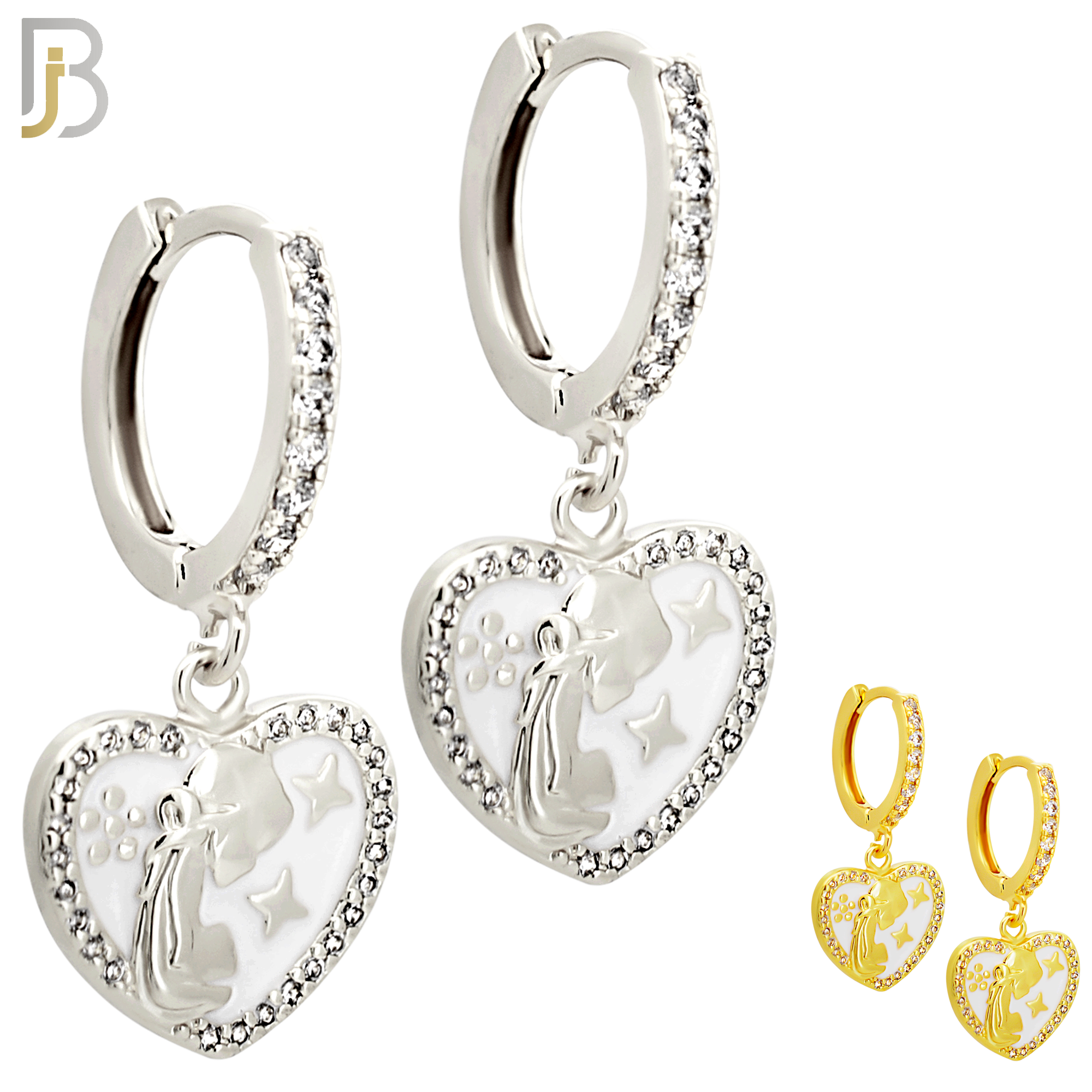 ES495 - 316L Stainless Steel Heart with Praying Angel Dangling Huggies Earrings image 0