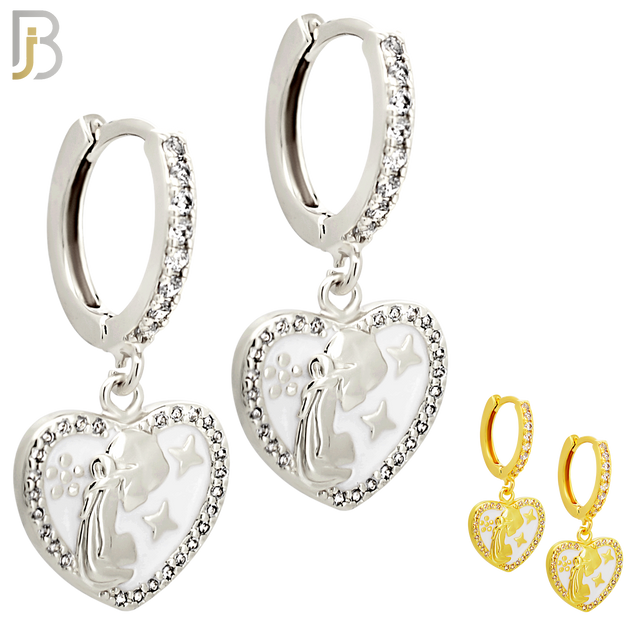 ES495 - 316L Stainless Steel Heart with Praying Angel Dangling Huggies Earrings image 0