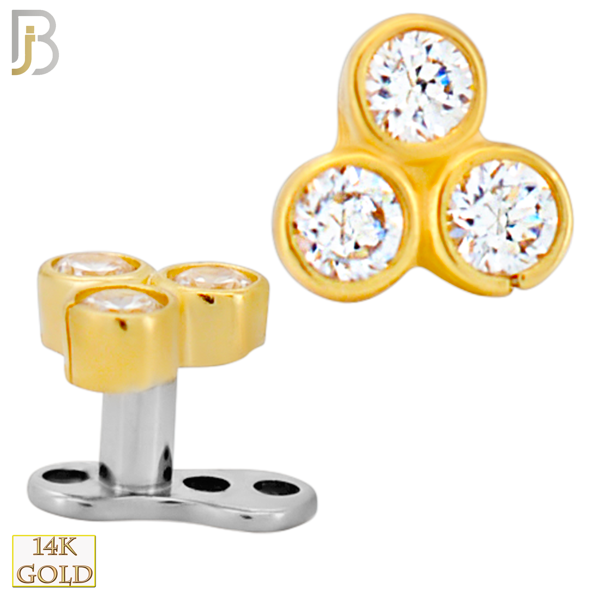14-G23-DM18 - 14k Titanium Anchor and 14k Gold Top Three CZ in Bezel Setting Dermal - Internally Threaded image 0