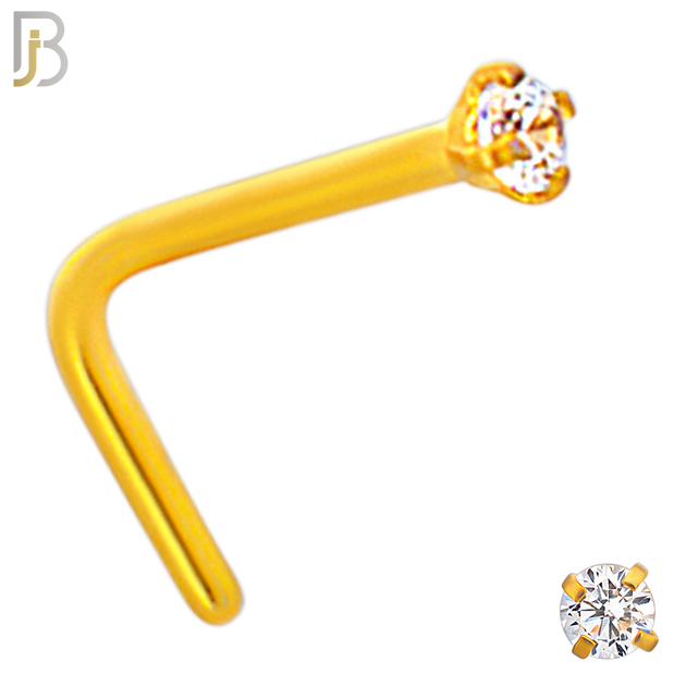 NR10G - 316L Surgical Steel Gold Plated Nose L-Shape Prong Set Zircon Round Nose Ring (PACK OF 6) image 1