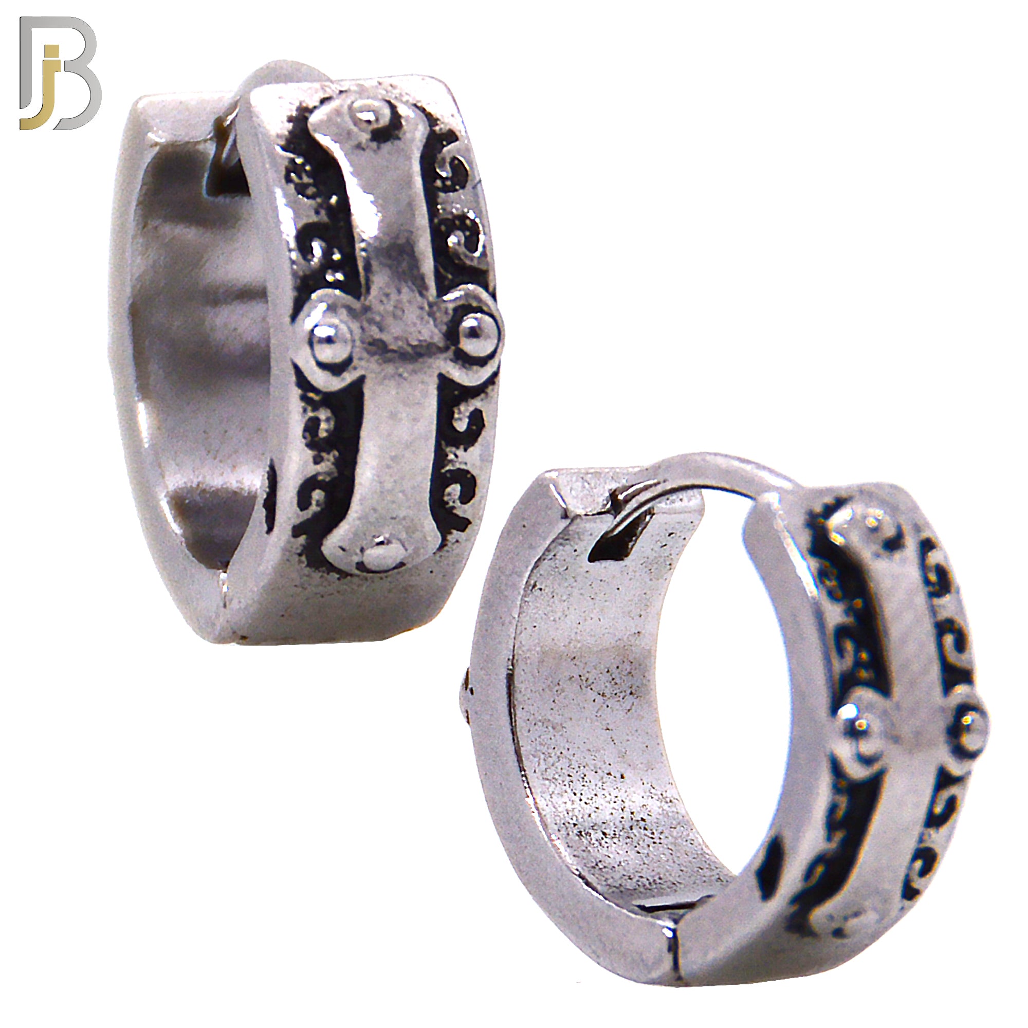 ES124 - Stainless Steel Vintage Tribal with Cross Design Huggies Hoops Earrings image 0