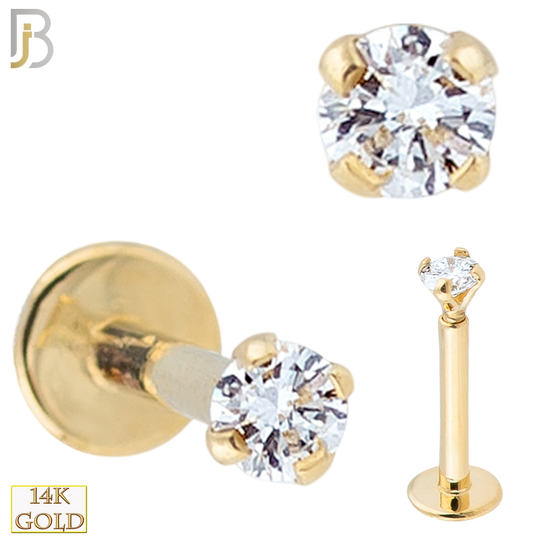 14-LB14 - 14k Solid Gold  Round Prong  Set CZ  Internally Threaded Labret image 0