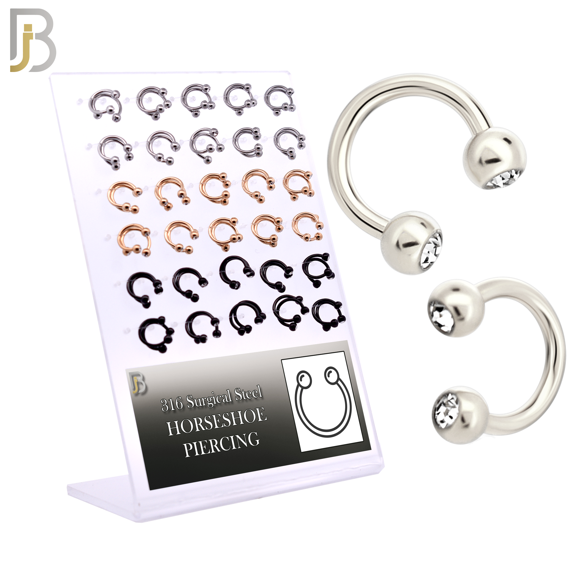 PK-HS05 - 316L Surgical Steel Horseshoe with Double Gem Ball Externally Threaded Pack of 30 Pairs image 0