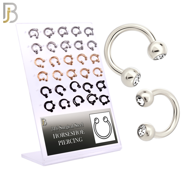 PK-HS05 - 316L Surgical Steel Horseshoe with Double Gem Ball Externally Threaded Pack of 30 Pairs image 0