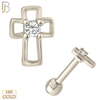 14-TB34 - 14k Solid Gold Hollow Cross with Single CZ Tragus Barbell Cartilage Piercing Screw Ball - White Gold image