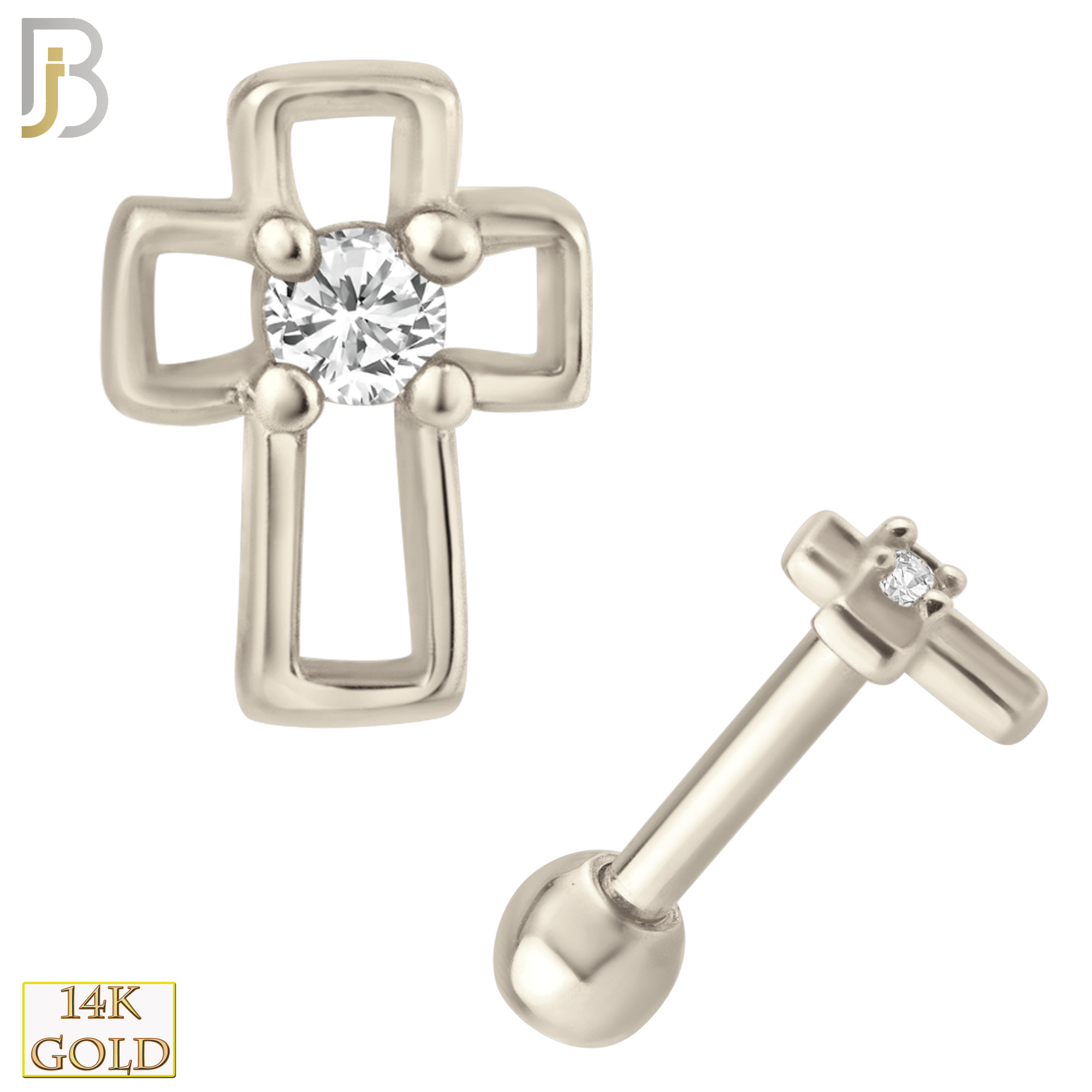14-TB34 - 14k Solid Gold Hollow Cross with Single CZ Tragus Barbell Cartilage Piercing Screw Ball - White Gold image