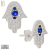 925-ES243 – .925 Sterling Silver Hamsa Earring Stud with Blue Zircon Eyes image 1