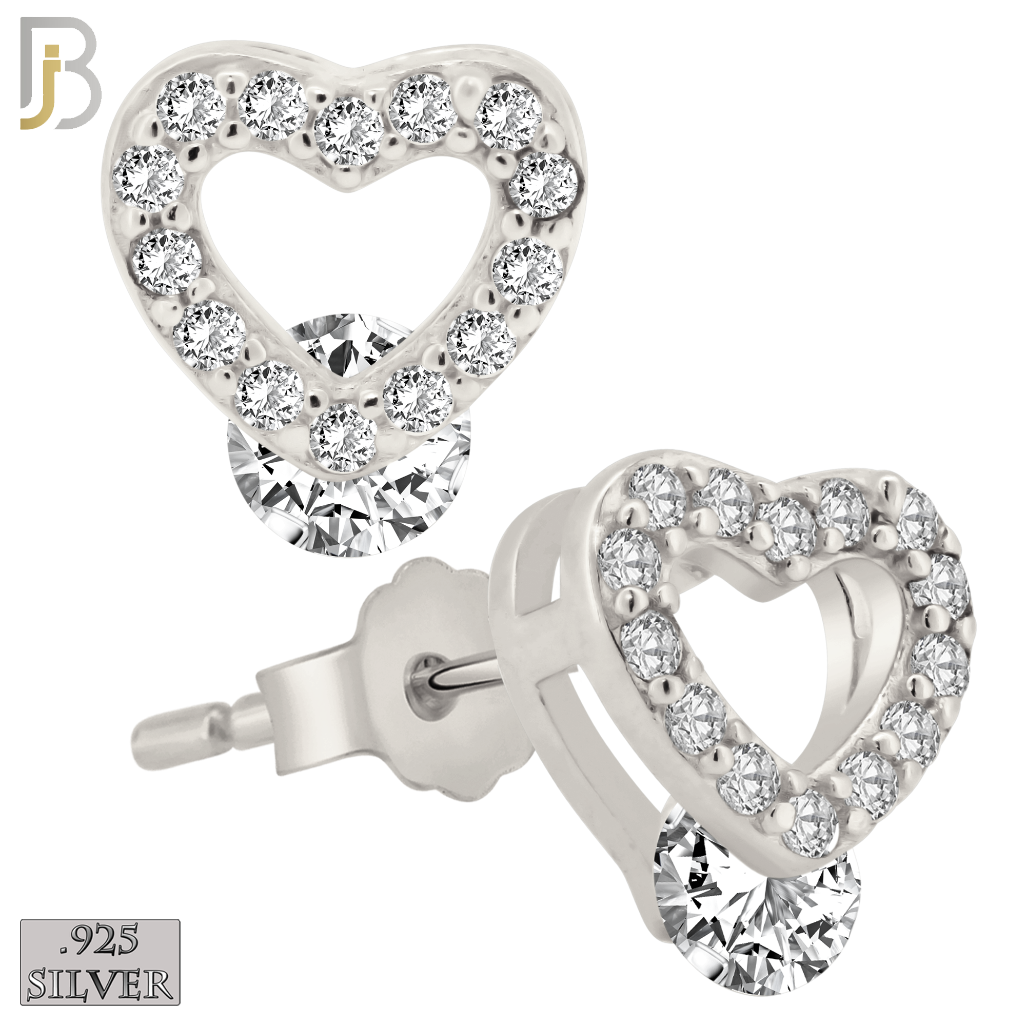 925-ES206 - Push Back - .925 Sterling Silver Heart Design Earring Stud with Clear Zircon image 1