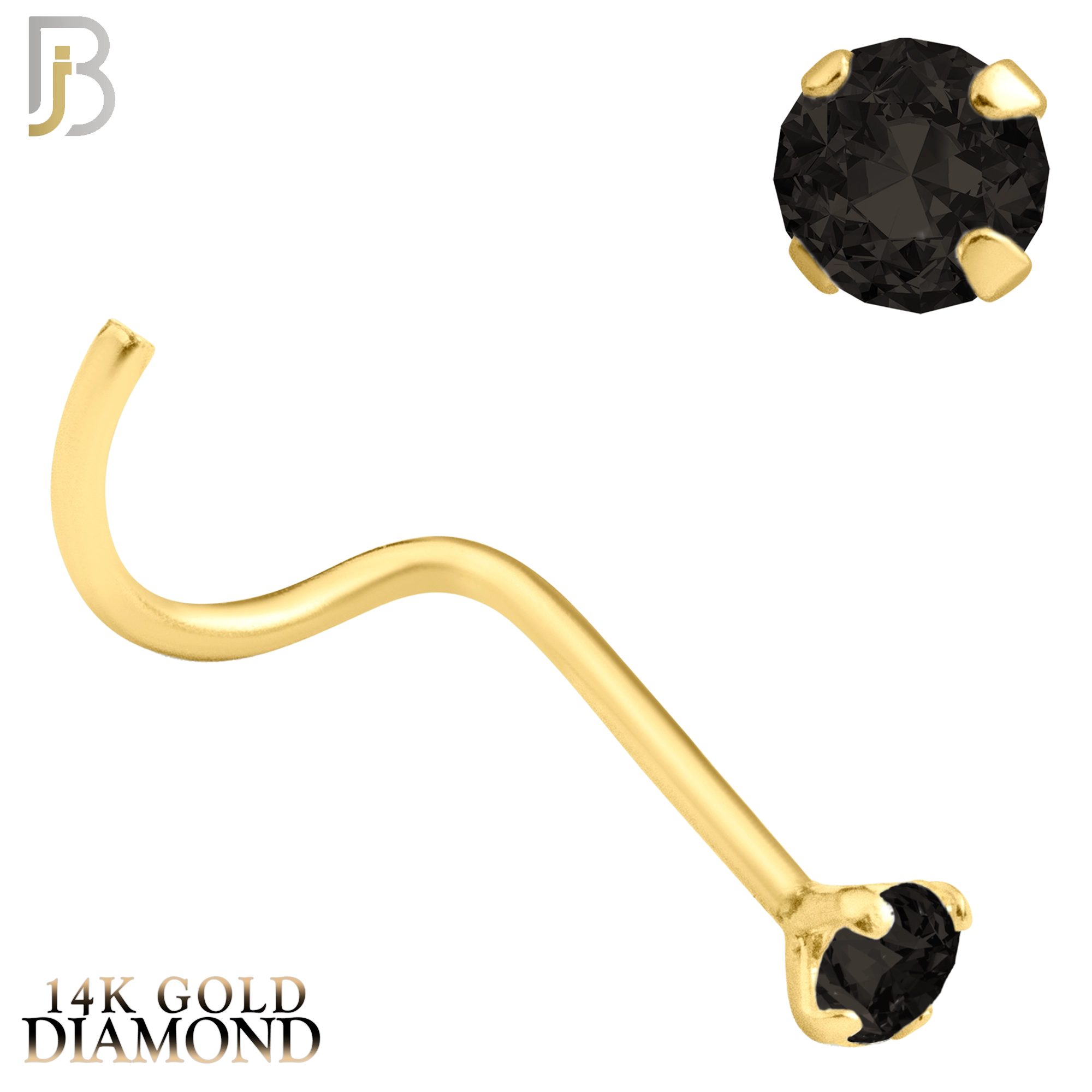14-NR03DYK-20 - 20g - 14k Yellow Gold Nose Screw with Black Diamond in Prong Setting image 2