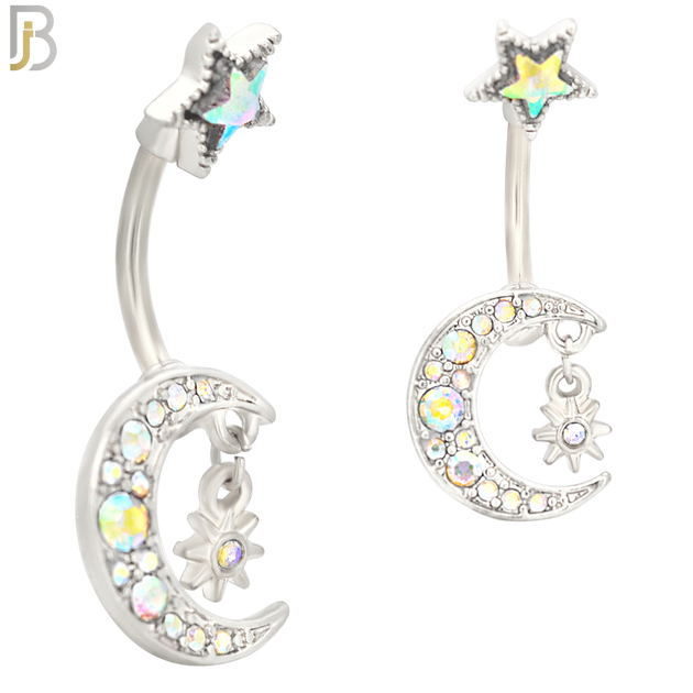 NB41 - 316L Stainless Steel Moon with Dangling Starburst Design with Zircon image 2