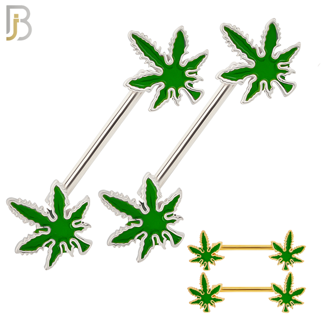 NP61- 316L Surgical Steel Marijuana Leaf Design Externally Threaded Nipple Rings (Sold as Pair) image 0